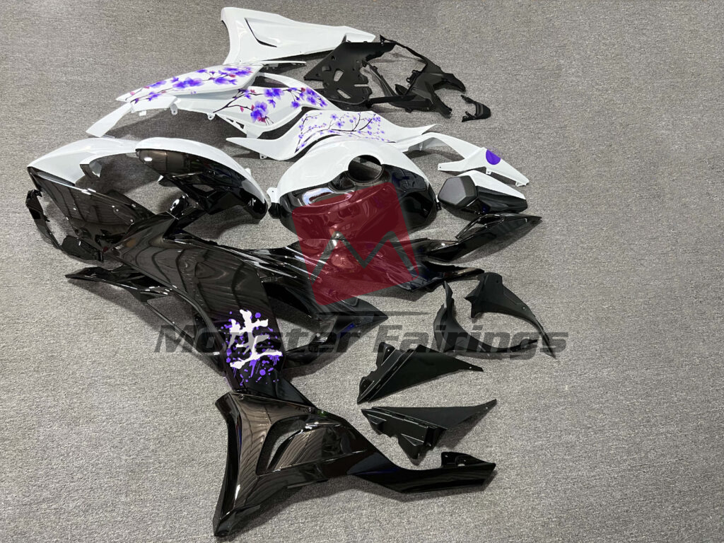 2024 - 2025 Kawasaki ZX6R Gloss Black & White Purple Cherry Blossom Split fairing set - ABS injection, custom painted by Monster Fairings