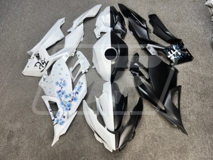 Kawasaki Ninja 400 2018-2024 Matte Black & White Blue Cherry Blossom Split ABS Fairings | Monster Fairings