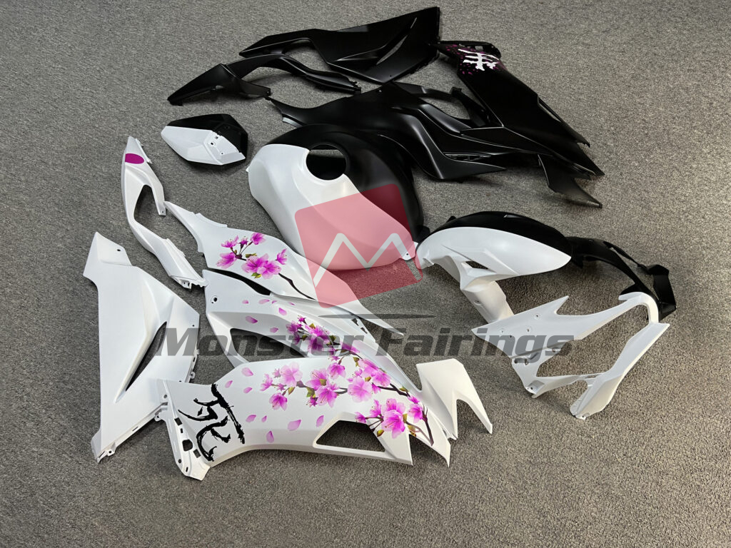2019 - 2023 Kawasaki ZX6R Matte Black & White Pink Cherry Blossom Split fairing set - ABS injection, custom painted by Monster Fairings