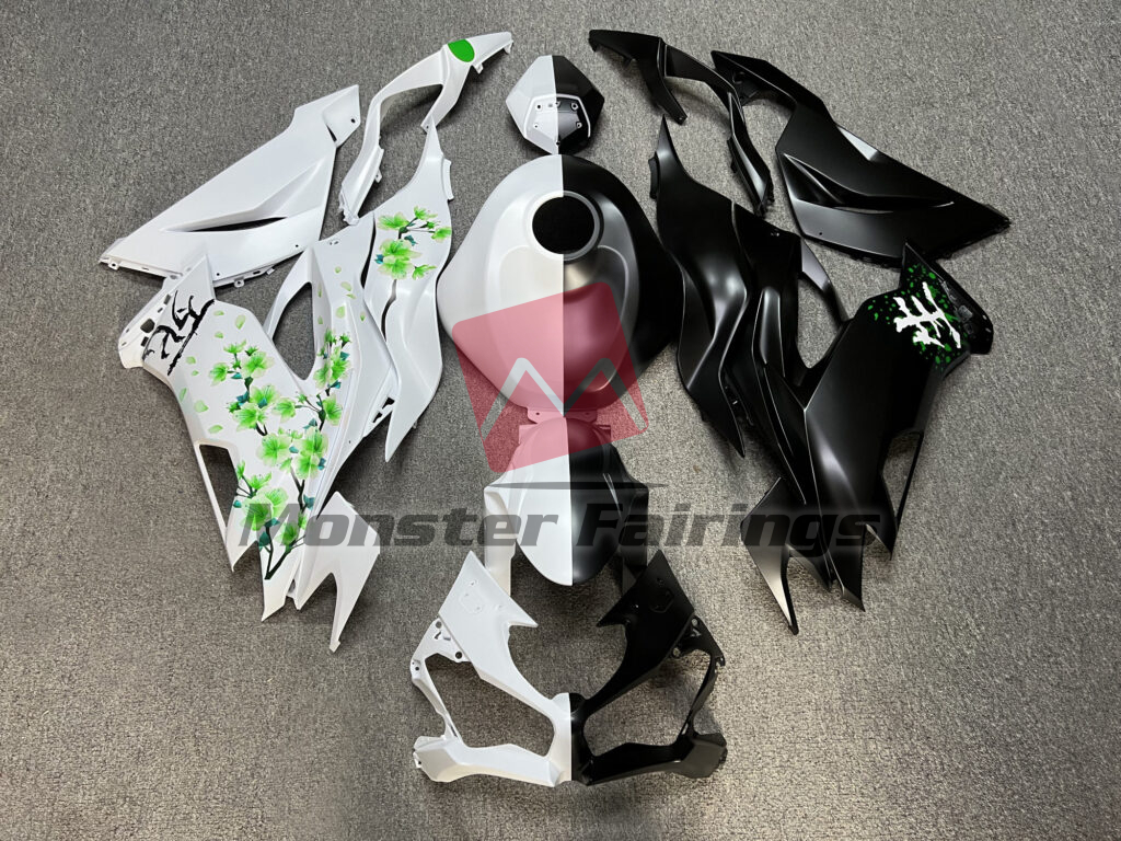 Kawasaki ZX6R 2019 - 2023 Matte Black & White Green Cherry Blossom Split ABS fairings - custom motorcycle bodywork kit by Monster Fairings