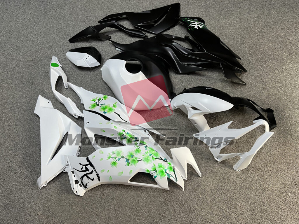 2019 - 2023 Kawasaki ZX6R Matte Black & White Green Cherry Blossom Split fairing set - ABS injection, custom painted by Monster Fairings