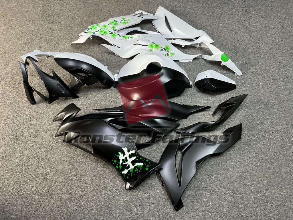 Kawasaki ZX6R custom ABS fairings 2019 - 2023 in Matte Black & White Green Cherry Blossom Split - durable replacement kit, Monster Fairings
