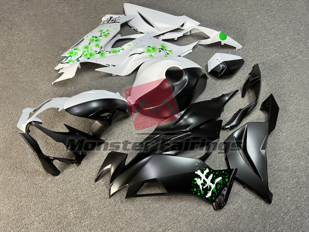 Matte Black & White Green Cherry Blossom Split ABS fairings for Kawasaki ZX6R 2019 - 2023 - premium OEM fit kit by Monster Fairings