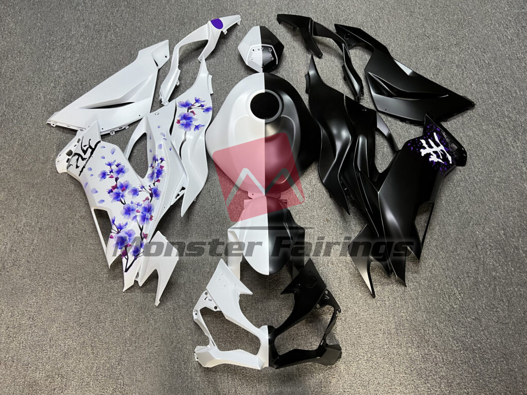 Kawasaki ZX6R 2019 - 2023 Matte Black & White Purple Cherry Blossom Split ABS fairings - custom motorcycle bodywork kit by Monster Fairings