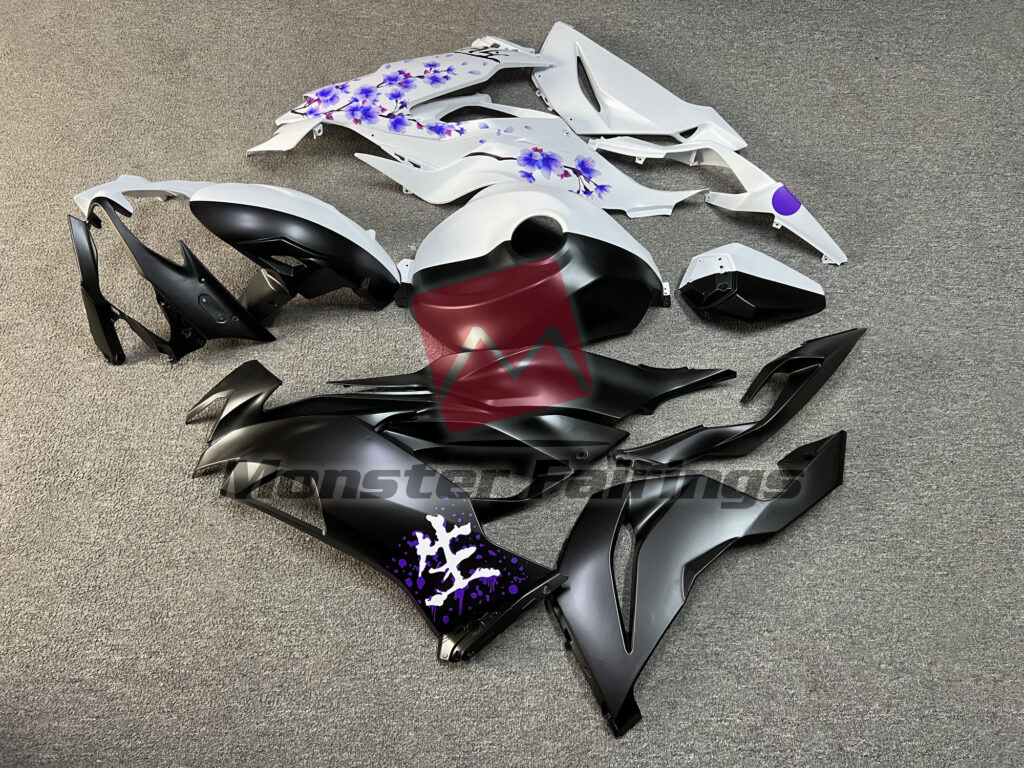 Kawasaki ZX6R custom ABS fairings 2019 - 2023 in Matte Black & White Purple Cherry Blossom Split - durable replacement kit, Monster Fairings
