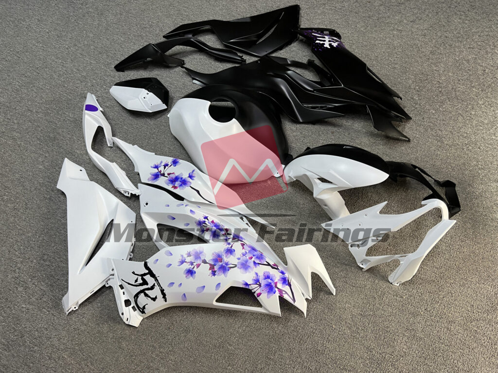 2019 - 2023 Kawasaki ZX6R Matte Black & White Purple Cherry Blossom Split fairing set - ABS injection, custom painted by Monster Fairings