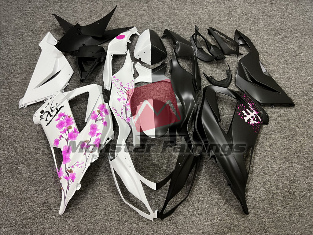 Kawasaki ZX6R 2013 - 2018 Matte Black & White Pink Cherry Blossom Split ABS fairings - custom motorcycle bodywork kit by Monster Fairings