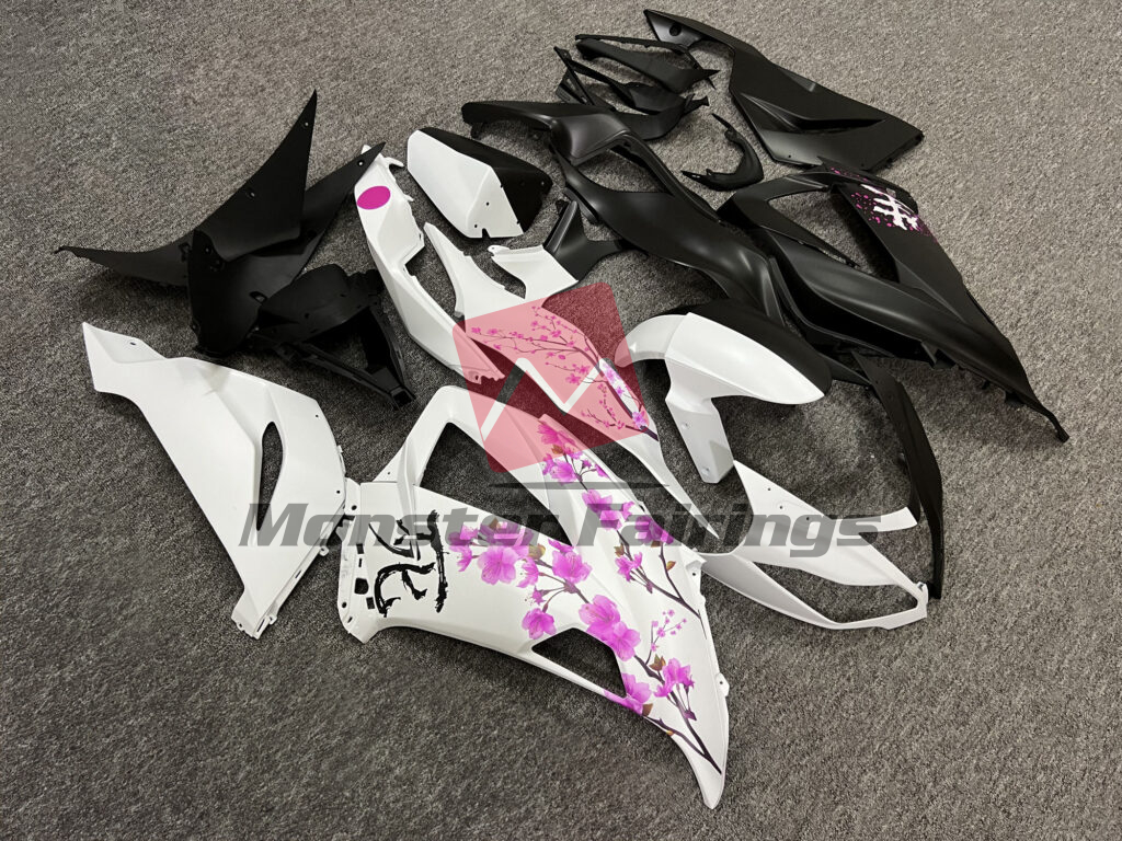 2013 - 2018 Kawasaki ZX6R Matte Black & White Pink Cherry Blossom Split fairing set - ABS injection, custom painted by Monster Fairings