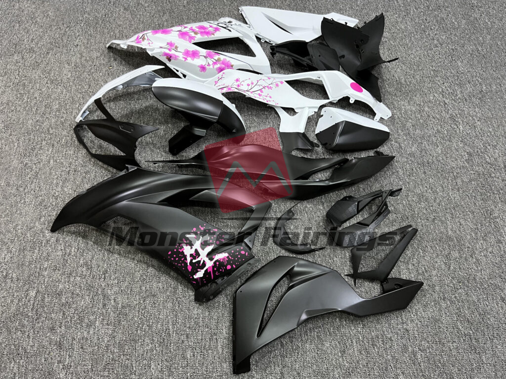 Kawasaki ZX6R custom ABS fairings 2013 - 2018 in Matte Black & White Pink Cherry Blossom Split - durable replacement kit, Monster Fairings
