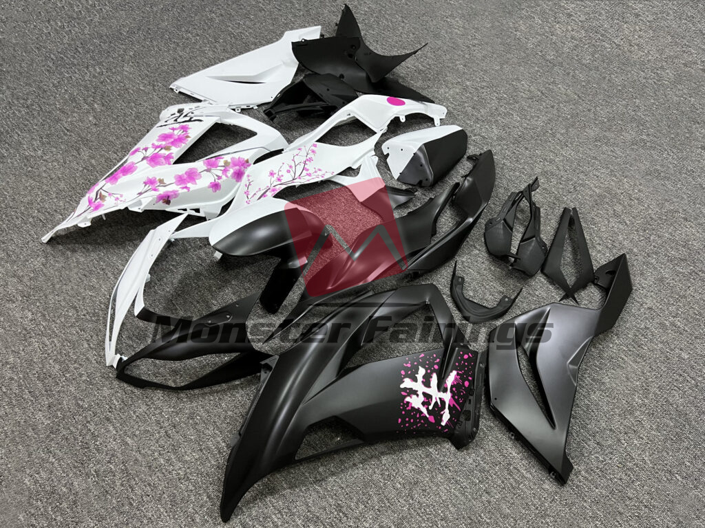 Matte Black & White Pink Cherry Blossom Split ABS fairings for Kawasaki ZX6R 2013 - 2018 - premium OEM fit kit by Monster Fairings