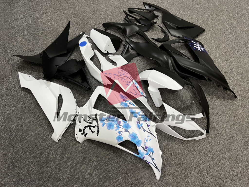 2013 - 2018 Kawasaki ZX6R Matte Black & White Blue Cherry Blossom Split fairing set - ABS injection, custom painted by Monster Fairings