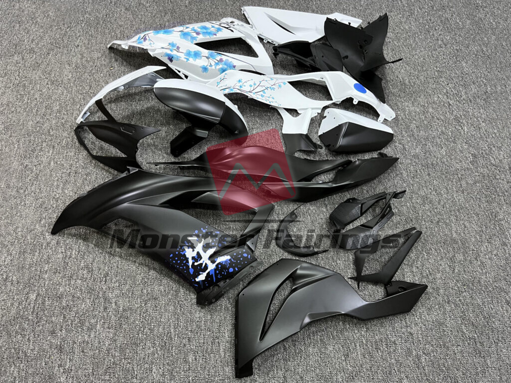 Kawasaki ZX6R custom ABS fairings 2013 - 2018 in Matte Black & White Blue Cherry Blossom Split - durable replacement kit, Monster Fairings