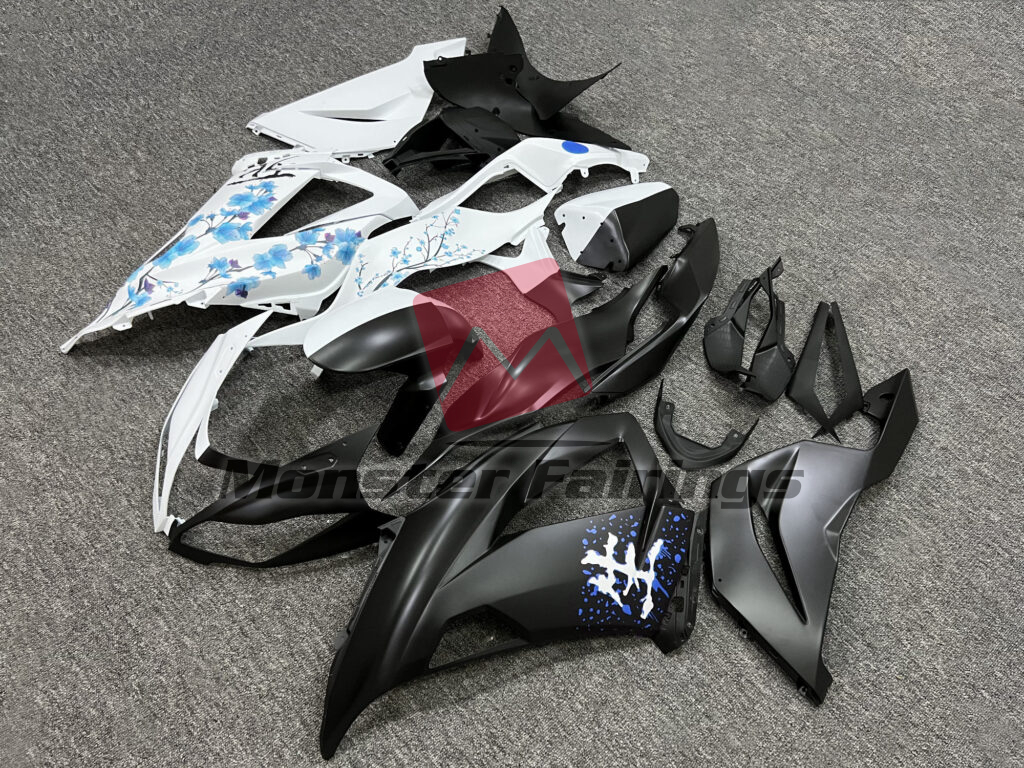 Matte Black & White Blue Cherry Blossom Split ABS fairings for Kawasaki ZX6R 2013 - 2018 - premium OEM fit kit by Monster Fairings