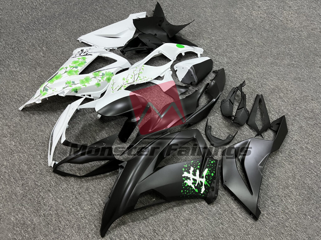 Matte Black & White Green Cherry Blossom Split ABS fairings for Kawasaki ZX6R 2013 - 2018 - premium OEM fit kit by Monster Fairings