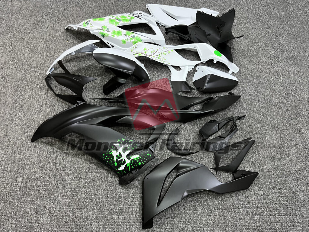 Kawasaki ZX6R custom ABS fairings 2013 - 2018 in Matte Black & White Green Cherry Blossom Split - durable replacement kit, Monster Fairings