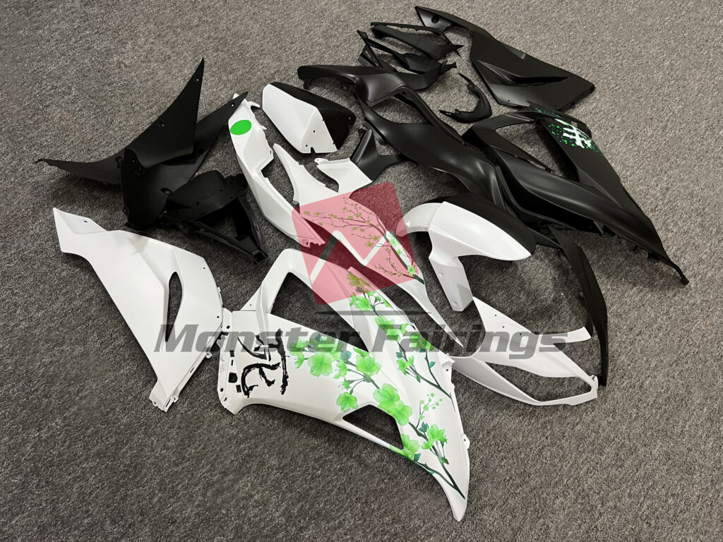 2013 - 2018 Kawasaki ZX6R Matte Black & White Green Cherry Blossom Split fairing set - ABS injection, custom painted by Monster Fairings