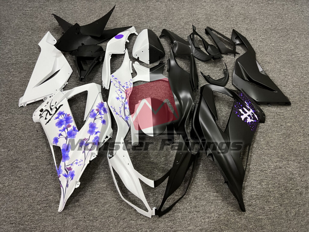 Kawasaki ZX6R 2013 - 2018 Matte Black & White Purple Cherry Blossom Split ABS fairings - custom motorcycle bodywork kit by Monster Fairings