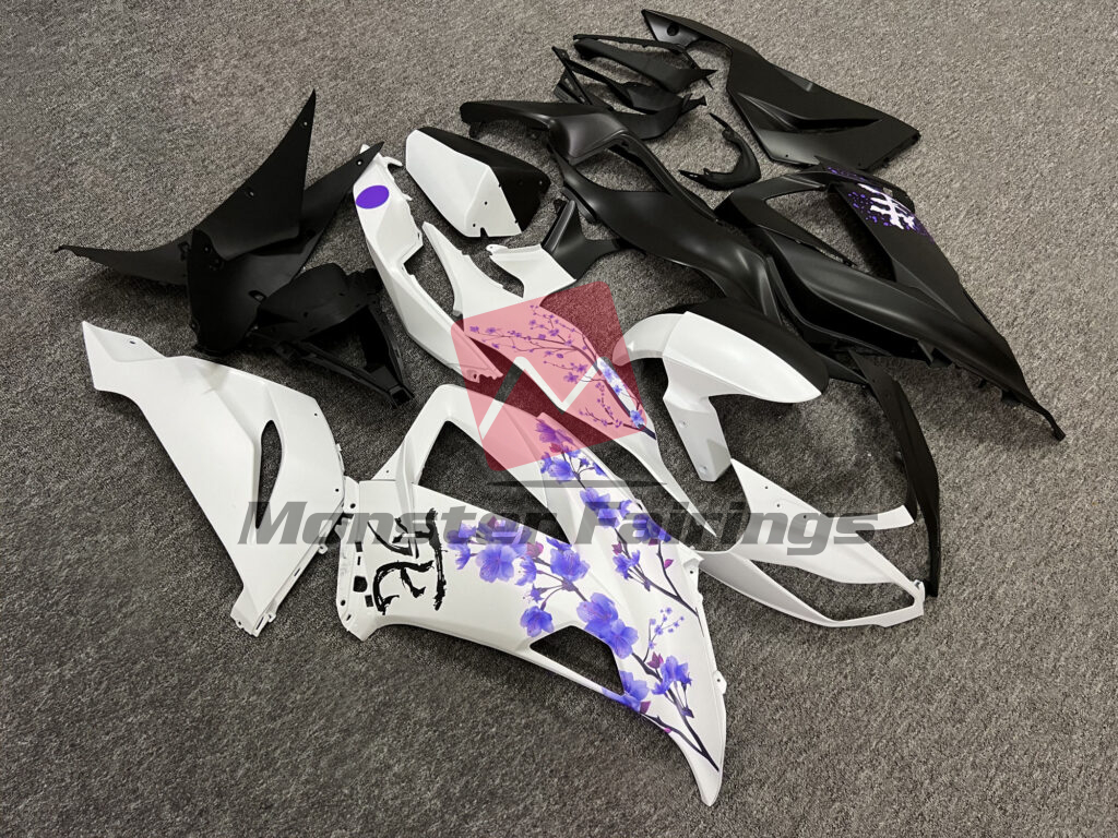 2013 - 2018 Kawasaki ZX6R Matte Black & White Purple Cherry Blossom Split fairing set - ABS injection, custom painted by Monster Fairings