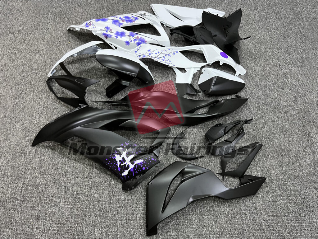 Kawasaki ZX6R custom ABS fairings 2013 - 2018 in Matte Black & White Purple Cherry Blossom Split - durable replacement kit, Monster Fairings