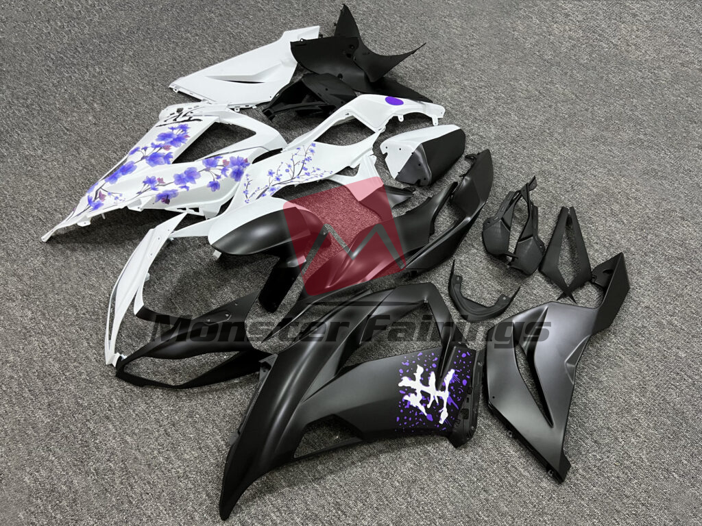 Matte Black & White Purple Cherry Blossom Split ABS fairings for Kawasaki ZX6R 2013 - 2018 - premium OEM fit kit by Monster Fairings