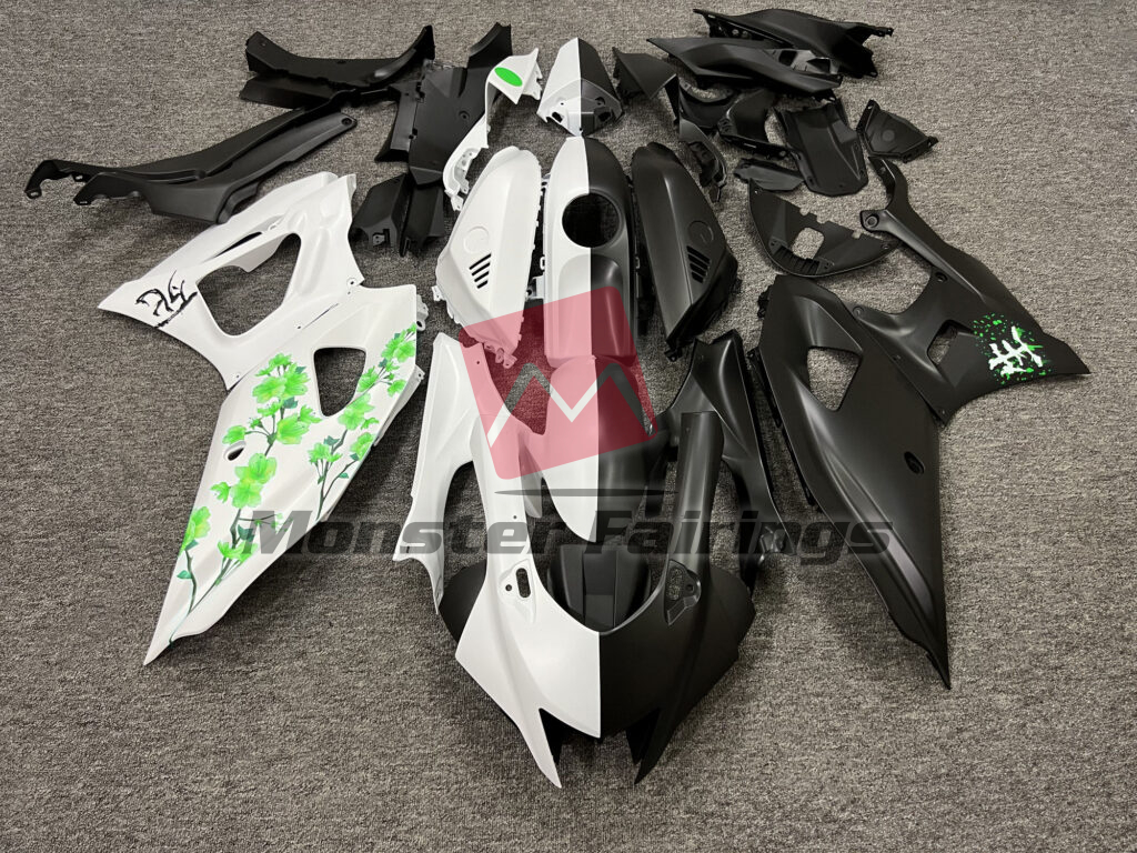 Yamaha R7 2021 - 2025 Matte Black & White Green Cherry Blossom Split ABS fairings - custom motorcycle bodywork kit by Monster Fairings