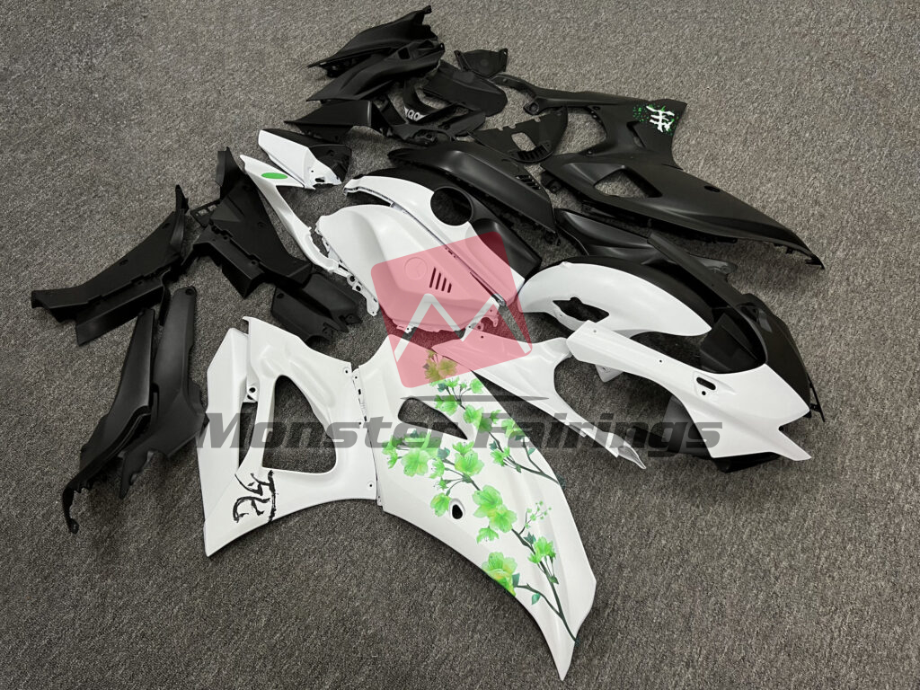 2021 - 2025 Yamaha R7 Matte Black & White Green Cherry Blossom Split fairing set - ABS injection, custom painted by Monster Fairings