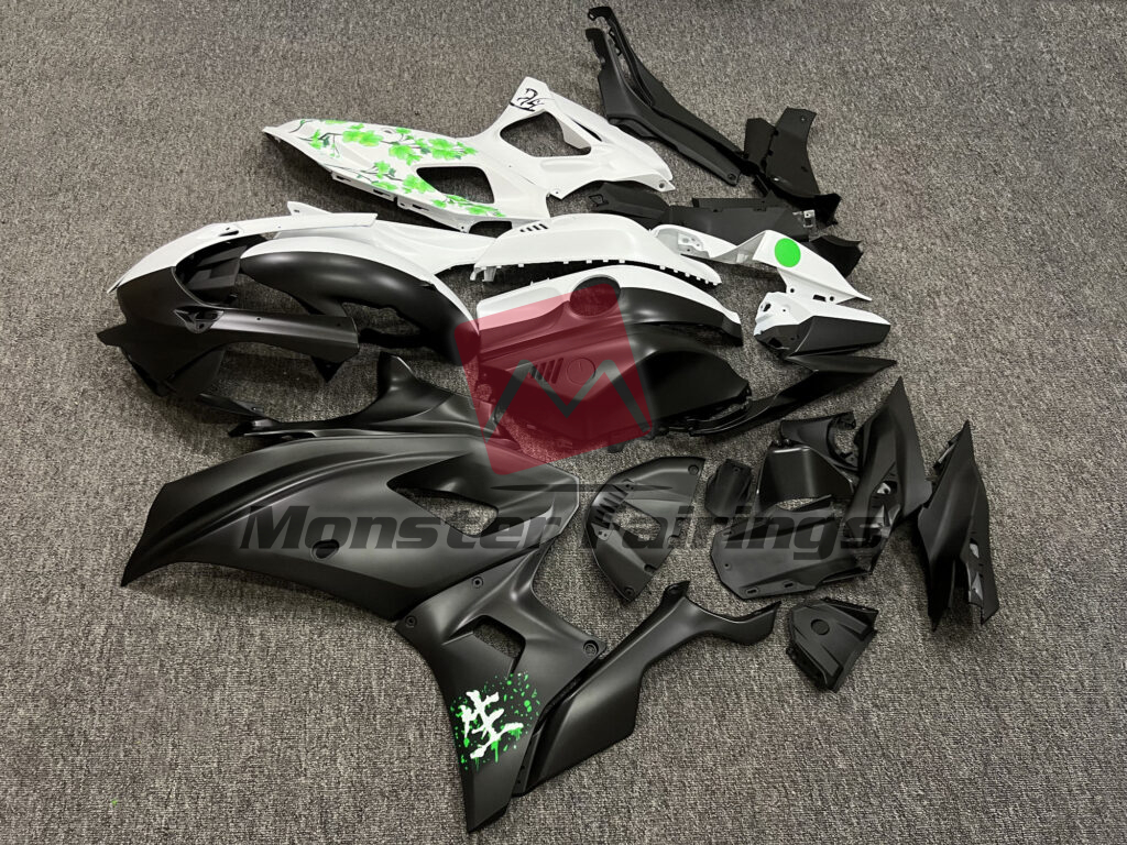 Yamaha R7 custom ABS fairings 2021 - 2025 in Matte Black & White Green Cherry Blossom Split - durable replacement kit, Monster Fairings