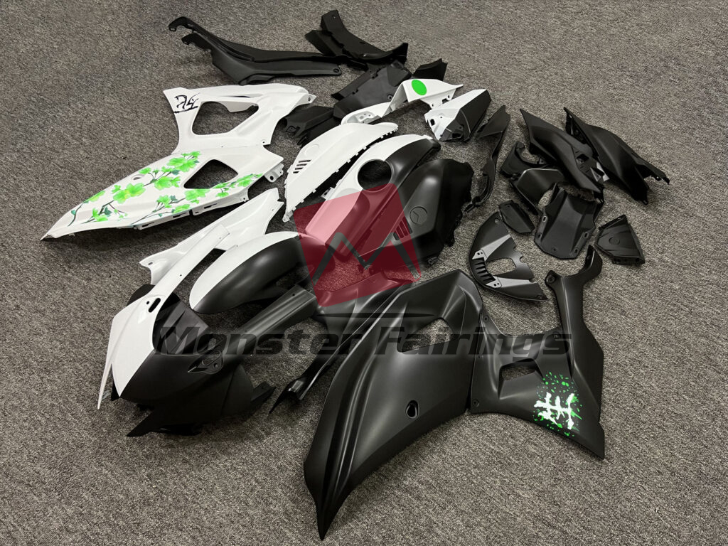 Matte Black & White Green Cherry Blossom Split ABS fairings for Yamaha R7 2021 - 2025 - premium OEM fit kit by Monster Fairings