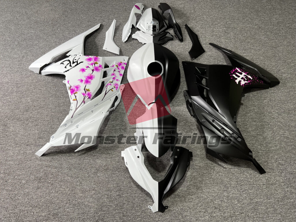 Kawasaki Ninja 300 2013 - 2022 Matte Black & White Pink Cherry Blossom Split ABS fairings - custom motorcycle bodywork kit by Monster Fairings
