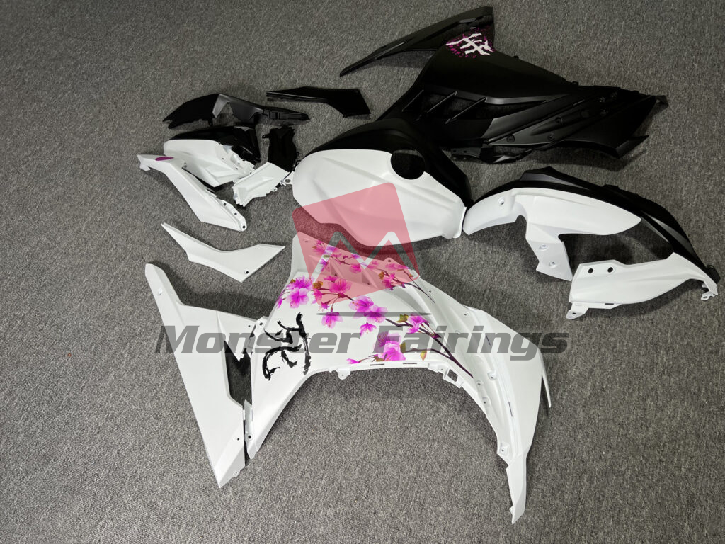 2013 - 2022 Kawasaki Ninja 300 Matte Black & White Pink Cherry Blossom Split fairing set - ABS injection, custom painted by Monster Fairings