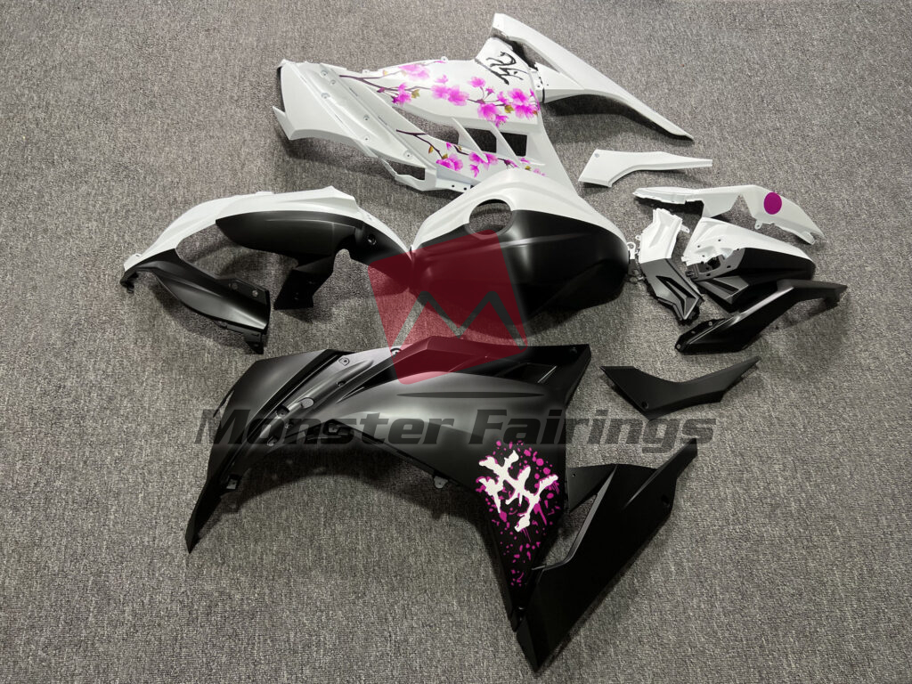 Kawasaki Ninja 300 custom ABS fairings 2013 - 2022 in Matte Black & White Pink Cherry Blossom Split - durable replacement kit, Monster Fairings