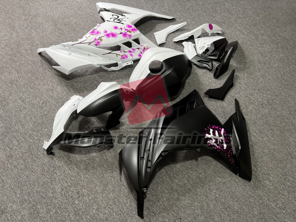 Matte Black & White Pink Cherry Blossom Split ABS fairings for Kawasaki Ninja 300 2013 - 2022 - premium OEM fit kit by Monster Fairings