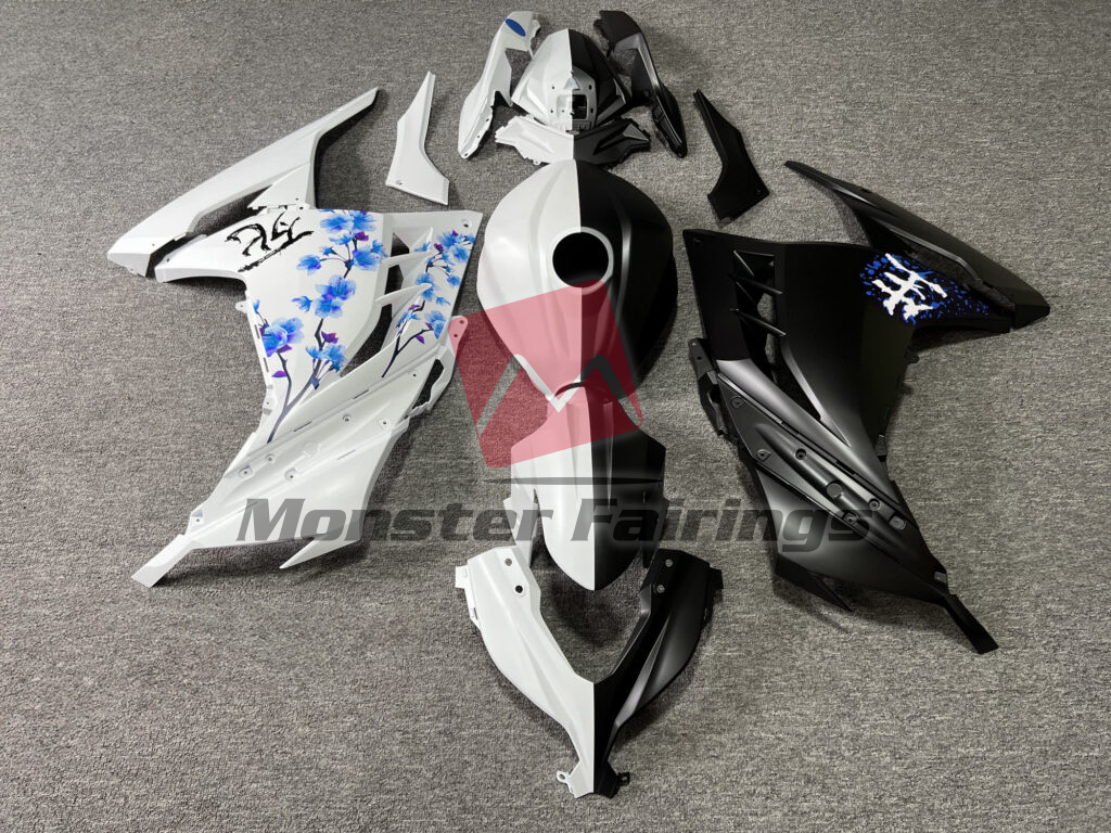 Kawasaki Ninja 300 2013 - 2022 Matte Black & White Blue Cherry Blossom Split ABS fairings - custom motorcycle bodywork kit by Monster Fairings