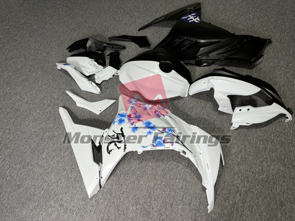 2013 - 2022 Kawasaki Ninja 300 Matte Black & White Blue Cherry Blossom Split fairing set - ABS injection, custom painted by Monster Fairings