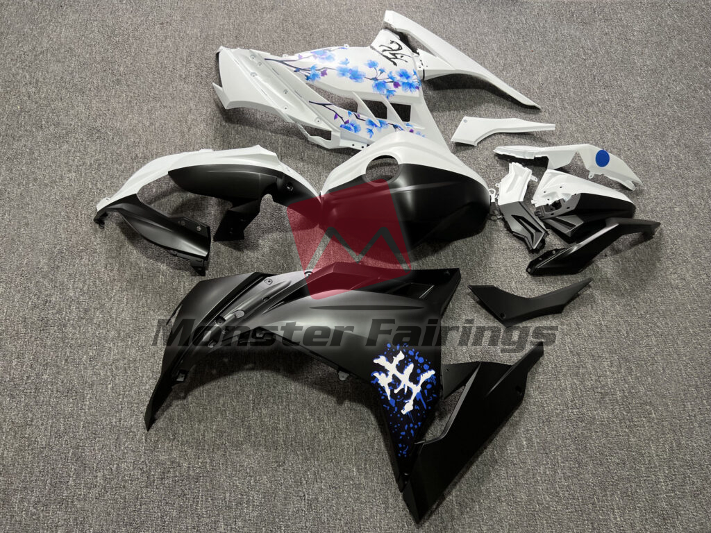 Kawasaki Ninja 300 custom ABS fairings 2013 - 2022 in Matte Black & White Blue Cherry Blossom Split - durable replacement kit, Monster Fairings