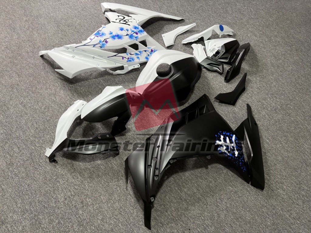 Matte Black & White Blue Cherry Blossom Split ABS fairings for Kawasaki Ninja 300 2013 - 2022 - premium OEM fit kit by Monster Fairings