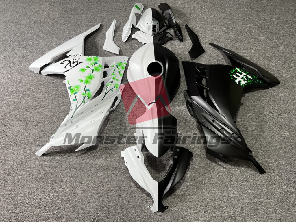 Kawasaki Ninja 300 2013 - 2022 Matte Black & White Green Cherry Blossom Split ABS fairings - custom motorcycle bodywork kit by Monster Fairings