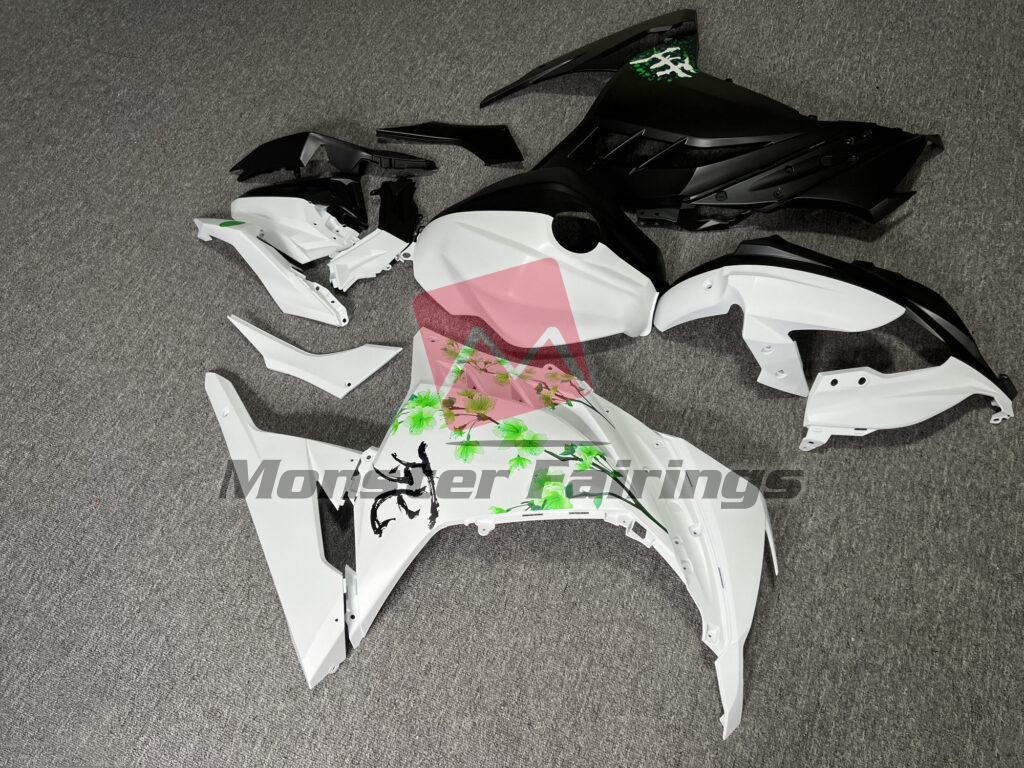 2013 - 2022 Kawasaki Ninja 300 Matte Black & White Green Cherry Blossom Split fairing set - ABS injection, custom painted by Monster Fairings