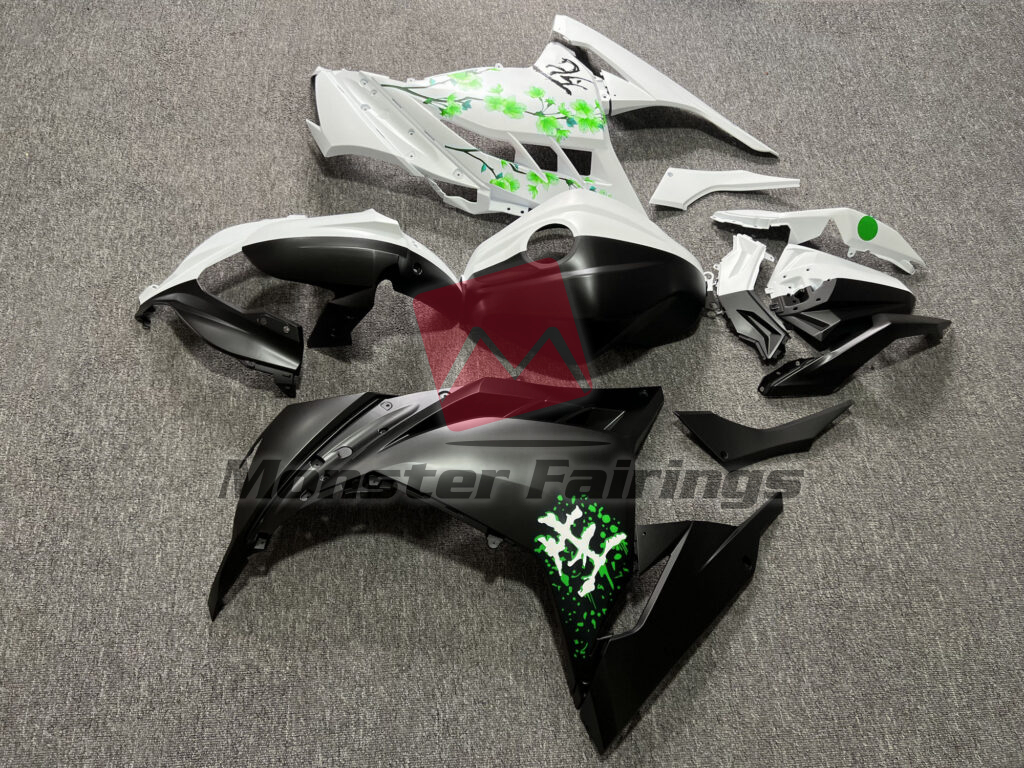 Kawasaki Ninja 300 custom ABS fairings 2013 - 2022 in Matte Black & White Green Cherry Blossom Split - durable replacement kit, Monster Fairings