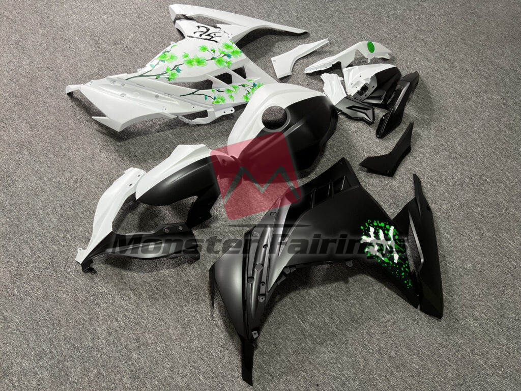 Matte Black & White Green Cherry Blossom Split ABS fairings for Kawasaki Ninja 300 2013 - 2022 - premium OEM fit kit by Monster Fairings