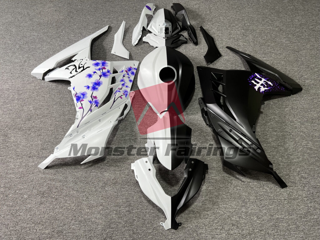Kawasaki Ninja 300 2013 - 2022 Matte Black & White Purple Cherry Blossom Split ABS fairings - custom motorcycle bodywork kit by Monster Fairings