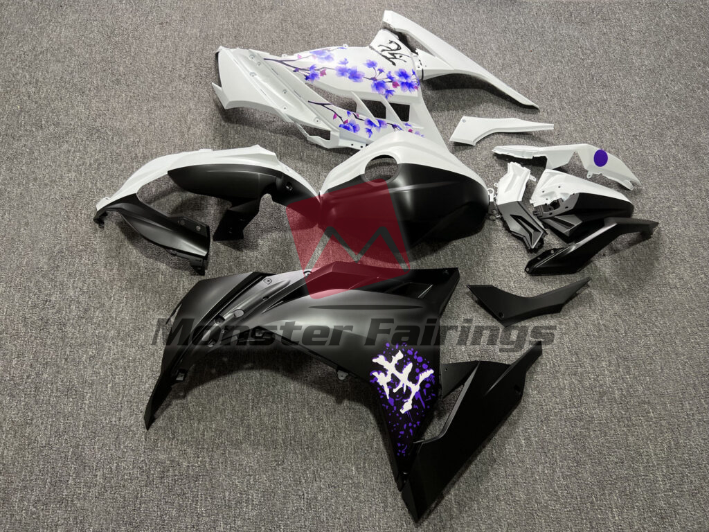 Kawasaki Ninja 300 custom ABS fairings 2013 - 2022 in Matte Black & White Purple Cherry Blossom Split - durable replacement kit, Monster Fairings