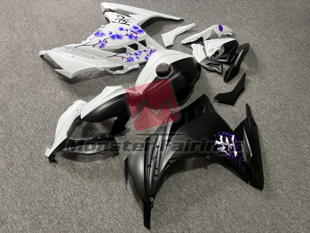 Matte Black & White Purple Cherry Blossom Split ABS fairings for Kawasaki Ninja 300 2013 - 2022 - premium OEM fit kit by Monster Fairings