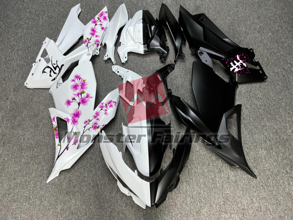 Kawasaki Ninja 400 2018 - 2024 Matte Black & White Pink Cherry Blossom Split ABS fairings - custom motorcycle bodywork kit by Monster Fairings