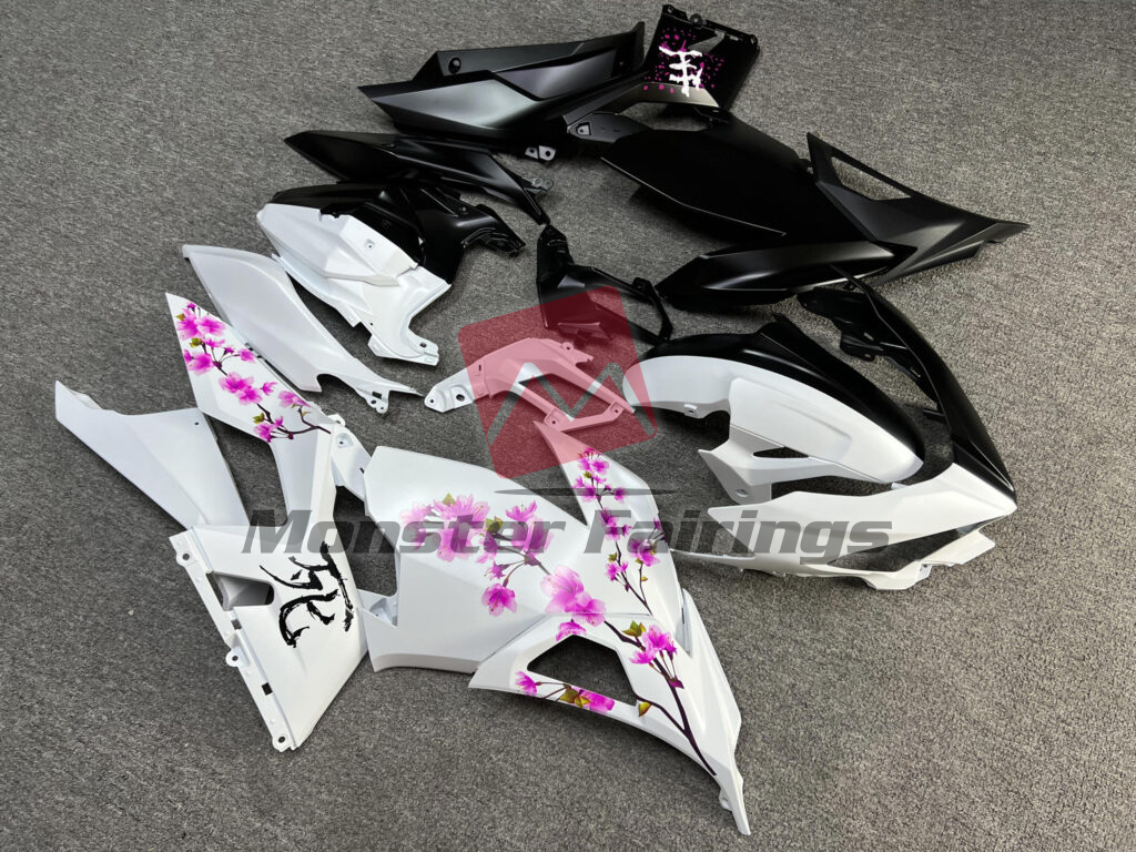 2018 - 2024 Kawasaki Ninja 400 Matte Black & White Pink Cherry Blossom Split fairing set - ABS injection, custom painted by Monster Fairings