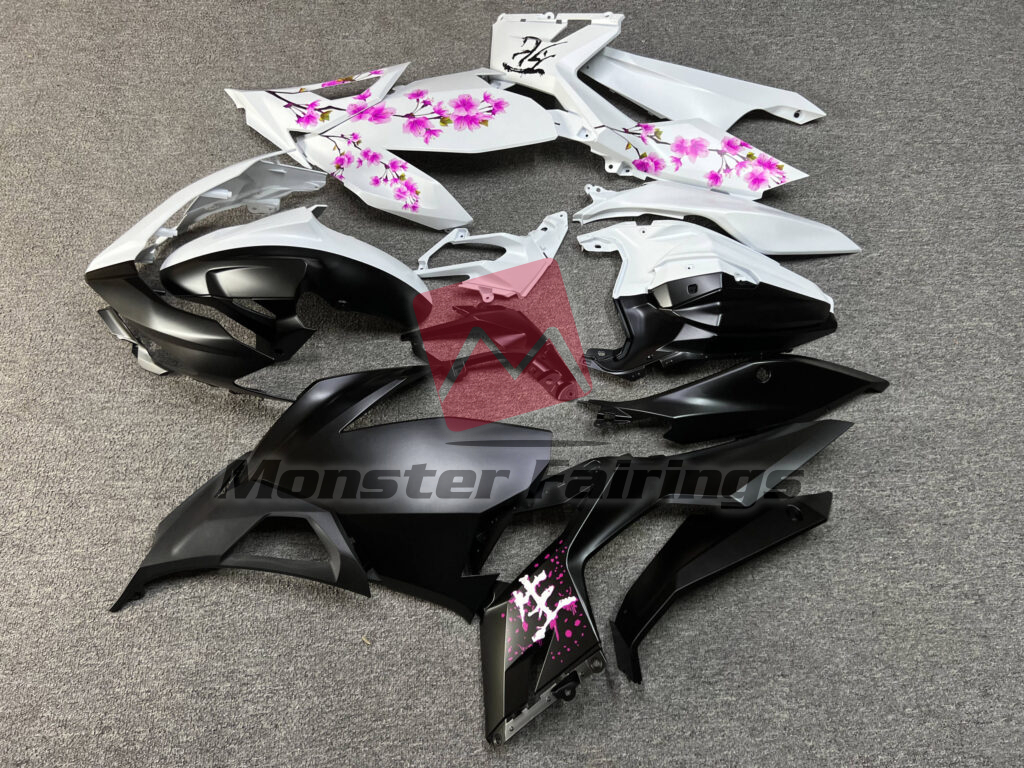 Kawasaki Ninja 400 custom ABS fairings 2018 - 2024 in Matte Black & White Pink Cherry Blossom Split - durable replacement kit, Monster Fairings