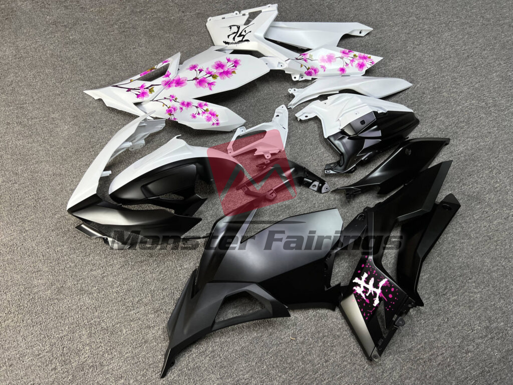 Matte Black & White Pink Cherry Blossom Split ABS fairings for Kawasaki Ninja 400 2018 - 2024 - premium OEM fit kit by Monster Fairings