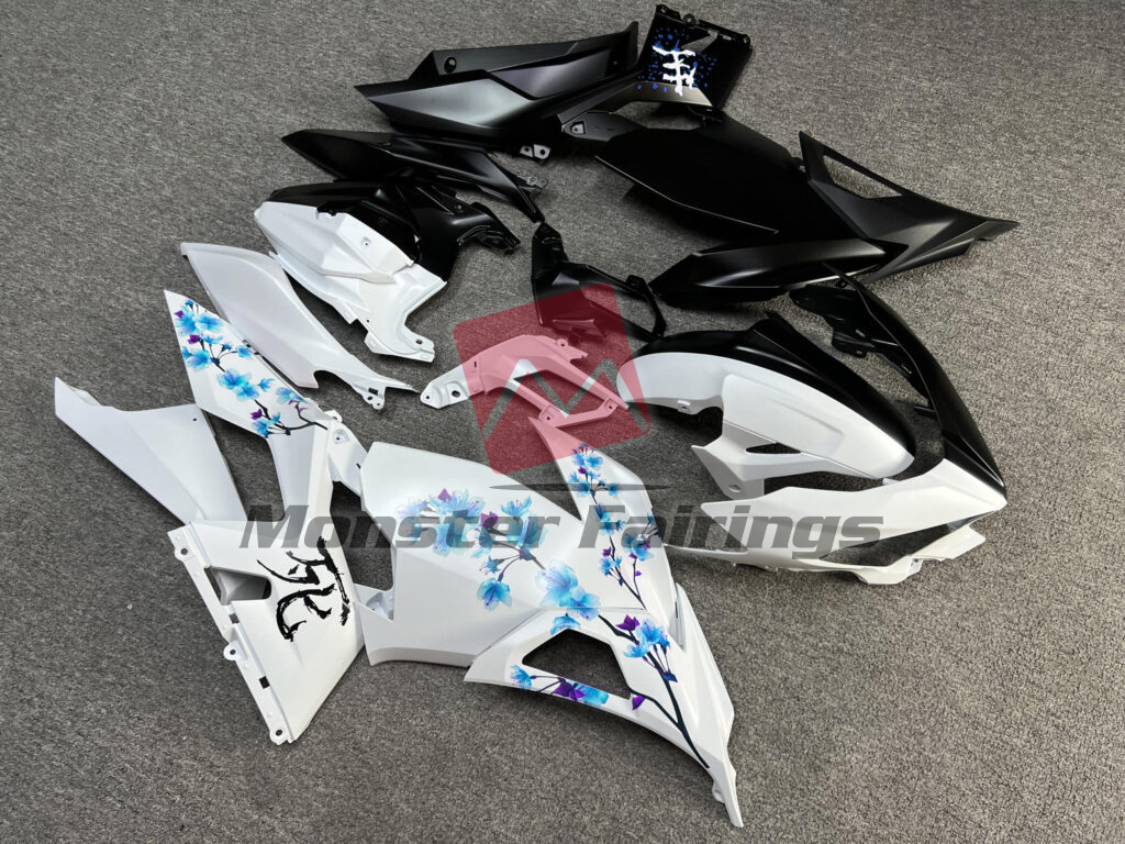 2018 - 2024 Kawasaki Ninja 400 Matte Black & White Blue Cherry Blossom Split fairing set - ABS injection, custom painted by Monster Fairings