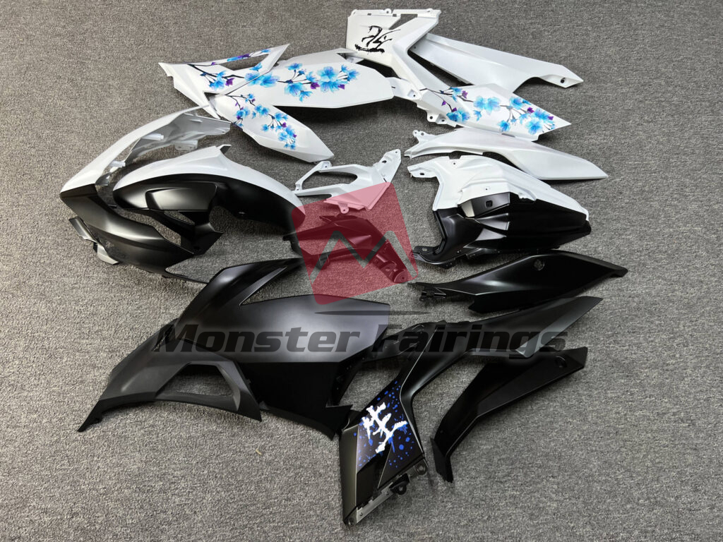 Kawasaki Ninja 400 custom ABS fairings 2018 - 2024 in Matte Black & White Blue Cherry Blossom Split - durable replacement kit, Monster Fairings
