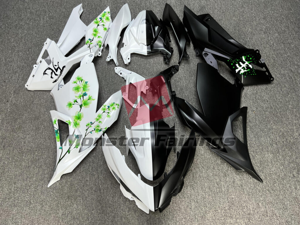 Kawasaki Ninja 400 2018 - 2024 Matte Black & White Green Cherry Blossom Split ABS fairings - custom motorcycle bodywork kit by Monster Fairings